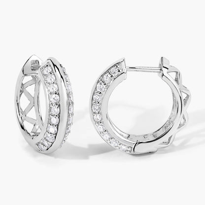 1.00 Cttw Round White Lab Diamond Pavé Rhodium Plated Silver Double Row Huggie Hoop Earrings