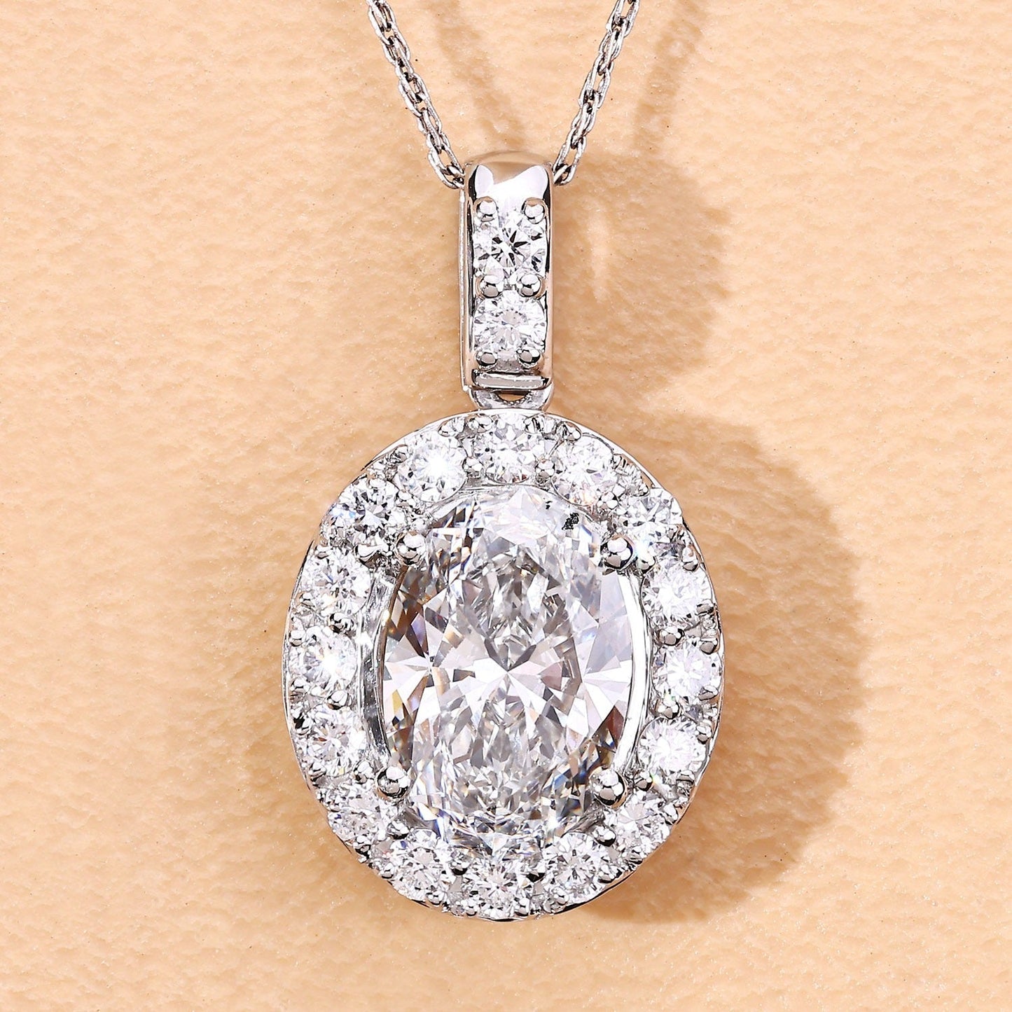 2.62 Ct Oval  Lab Grown Diamond Prong Platinum Halo Bridal Pendant