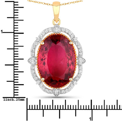 Genuine Rubellite and White Diamond 14K Yellow Gold Oval Pendant