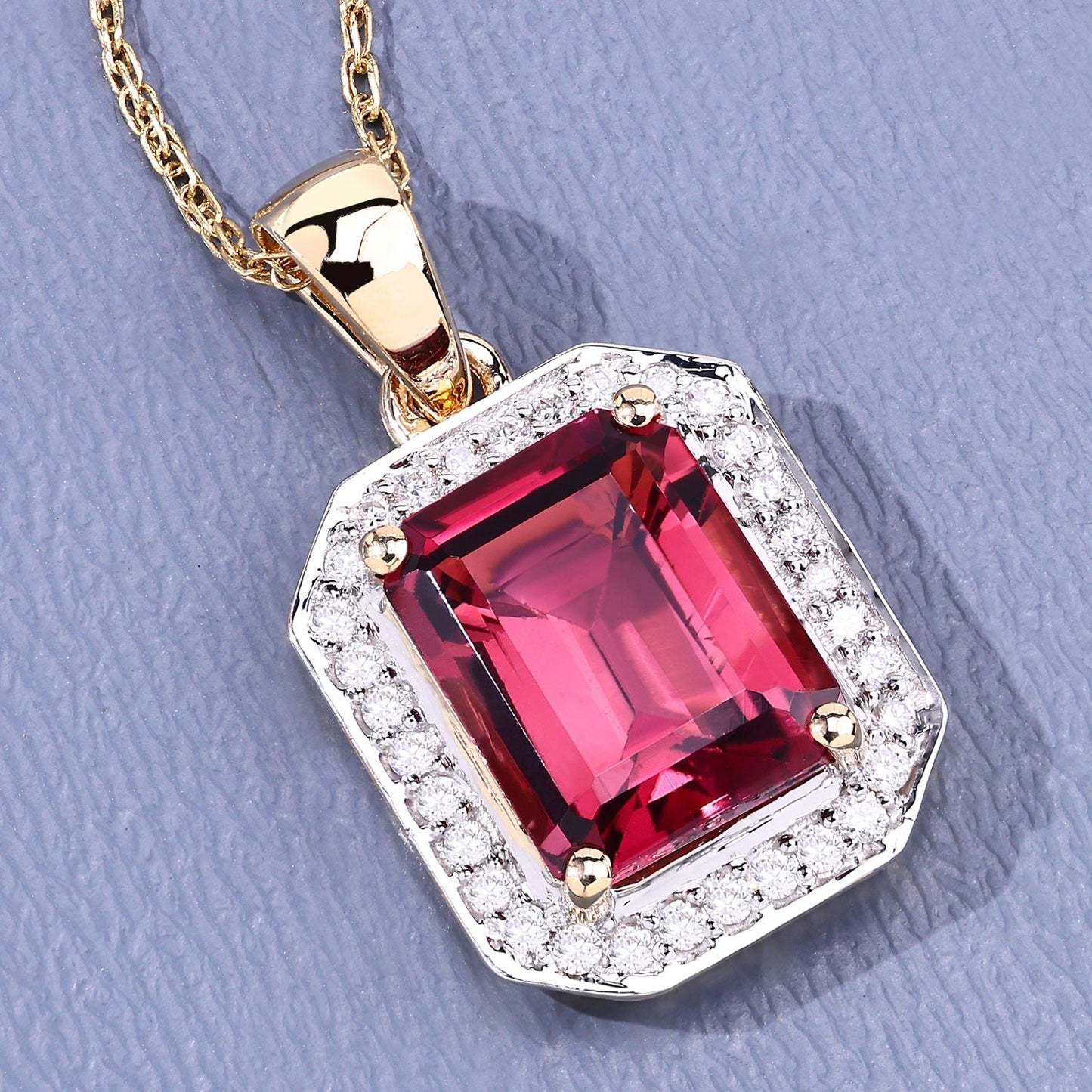 Red Genuine Rubellite and White Diamond 14K Yellow Gold Halo Pendant