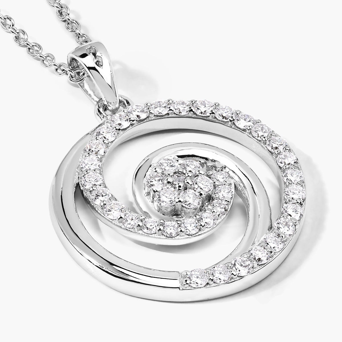 0.75 Cttw Round Lab Diamond Rhodium Plated Silver Spiral Galaxy Circle Pendant Necklace