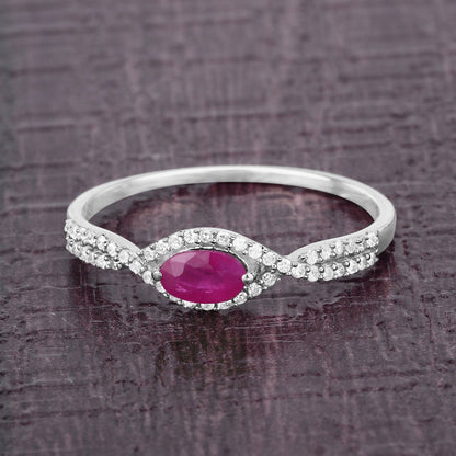 0.27 Ct Oval Pink Ruby & White Diamond Prong 14K White Gold Crossover Halo Ring