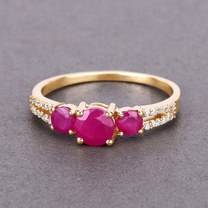 0.95 Ct Round Pink Ruby & Diamond Prong 14K Yellow Gold Pave Three Stone Split Shank Ring