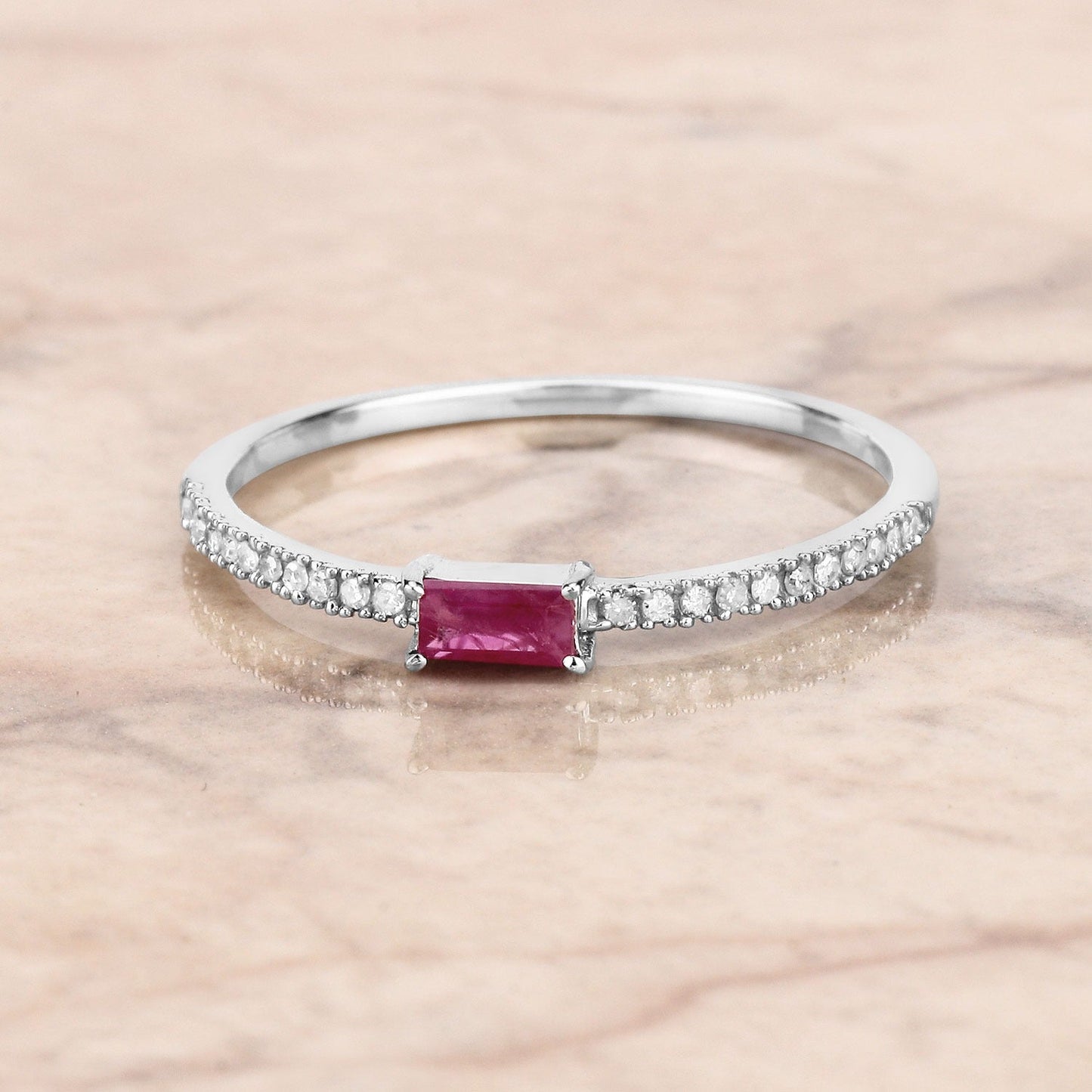 0.16 Ct Baguette Pink Ruby & Diamond Prong 14K White Gold Stackable Pave Ring
