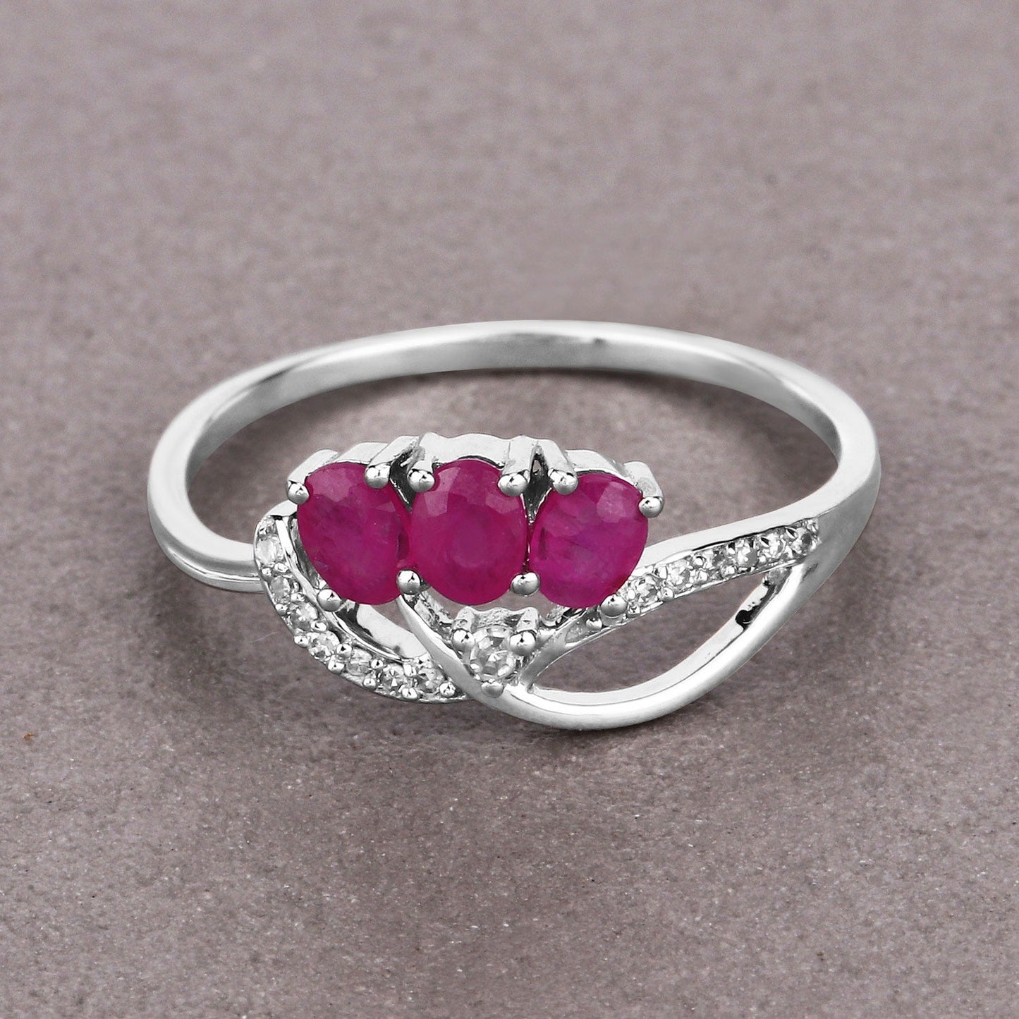 0.66 Ct Oval Pink Ruby & Diamond Prong 14K White Gold Pave Three Stone Knot Ring