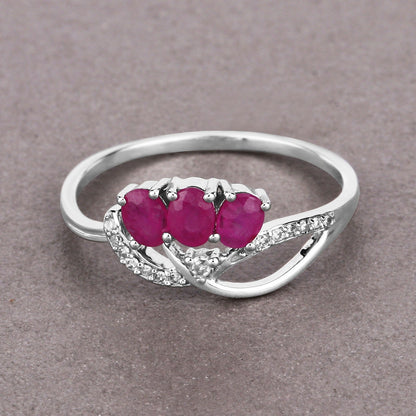 0.66 Ct Oval Pink Ruby & Diamond Prong 14K White Gold Pave Three Stone Knot Ring