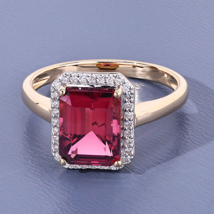 2.60 Ct Octagon Red Genuine Rubellite Diamond Prong 14K Gold Halo Ring