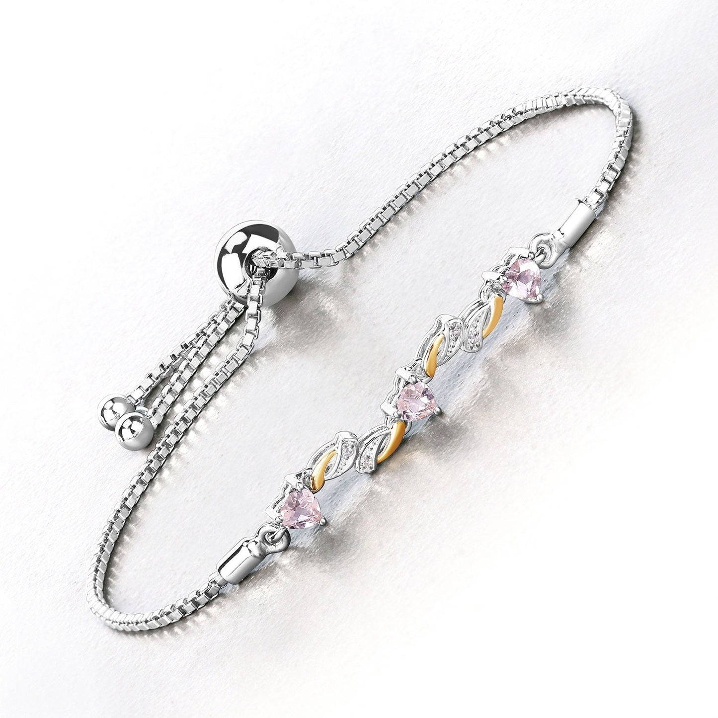 0.79 Ct Heart Pink Morganite Prong Silver Bolo Adjustable Bracelet