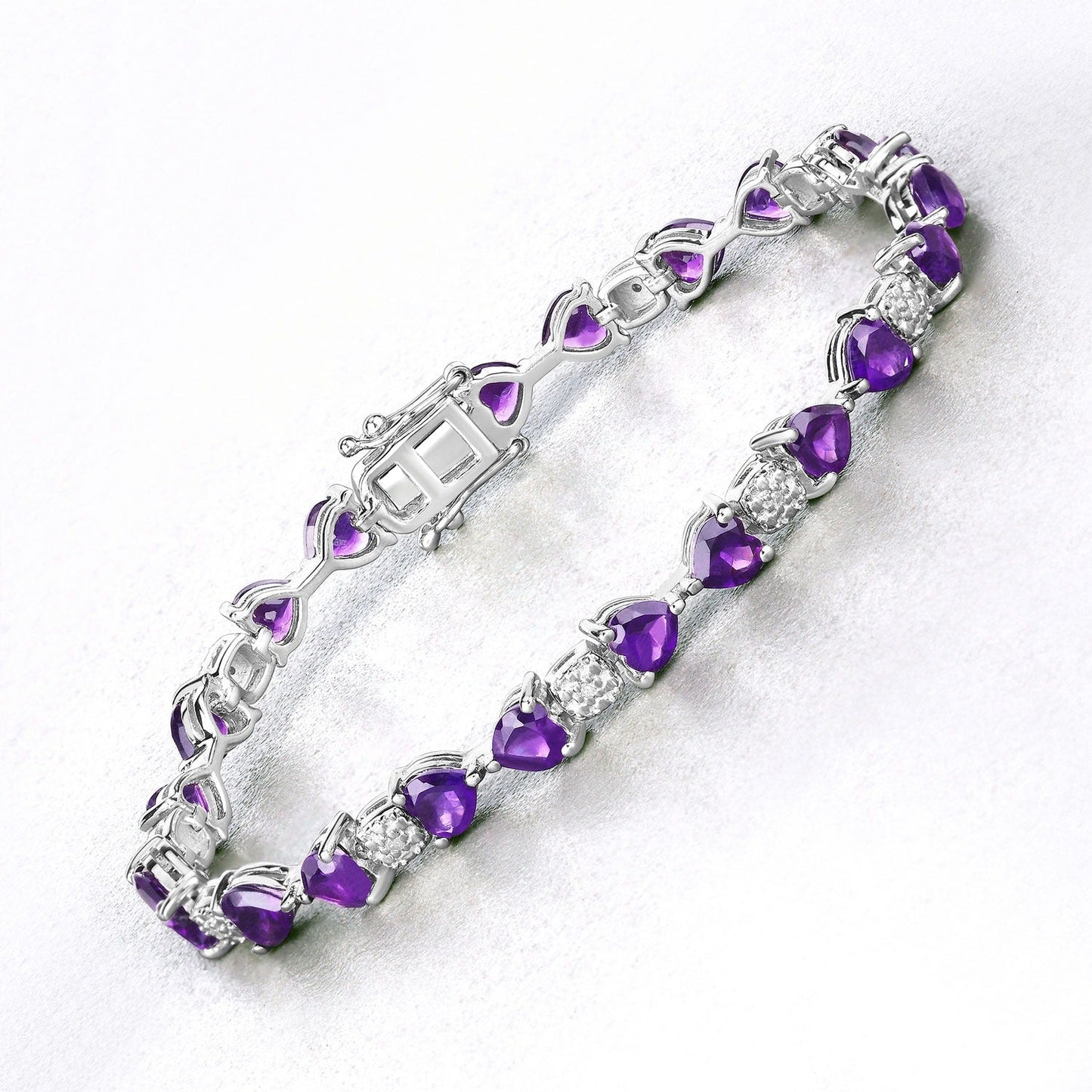 9.46 Ct Heart Purple Amethyst and Diamond Silver Tennis Bracelet
