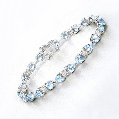 11 Ct Heart Blue Topaz Prong Silver Tennis Bracelet