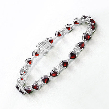 11 Ct Heart Red Garnet and Diamond Prong Silver Tennis Bracelet