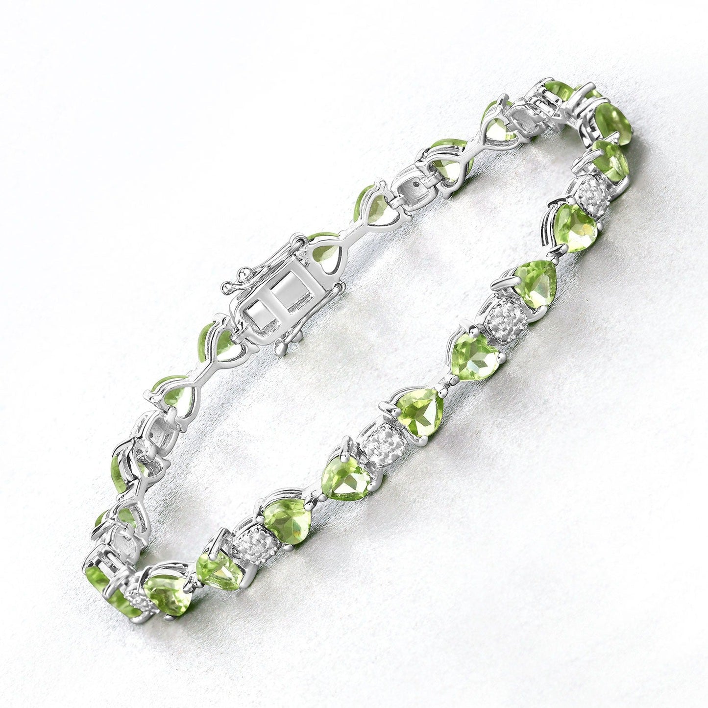 9.68 Ct Heart Green Peridot & Diamond Prong Silver Tennis Bracelet