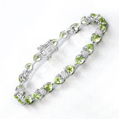 9.68 Ct Heart Green Peridot & Diamond Prong Silver Tennis Bracelet
