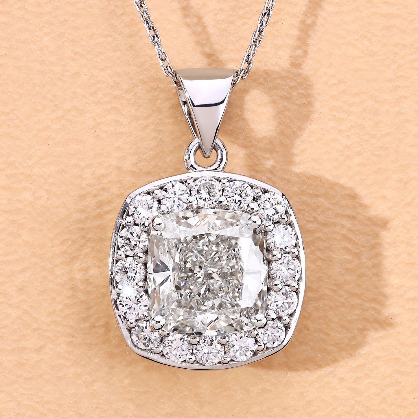 3.50 Ct Cushion Cut Lab Diamond Prong Platinum Halo Bridal Pendant