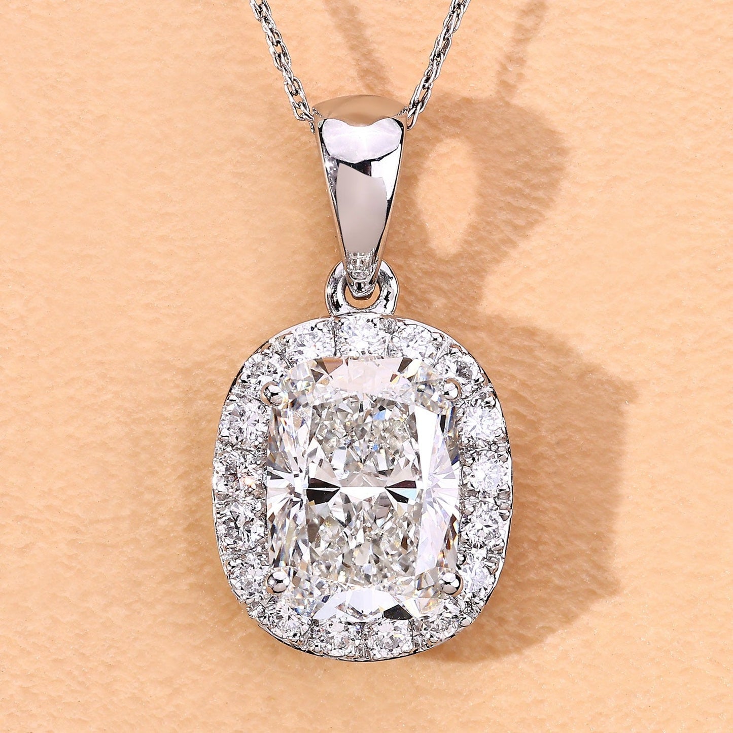 4.58 Ct Cushion Lab Grown Diamond Prong Platinum Bridal Halo Pendant