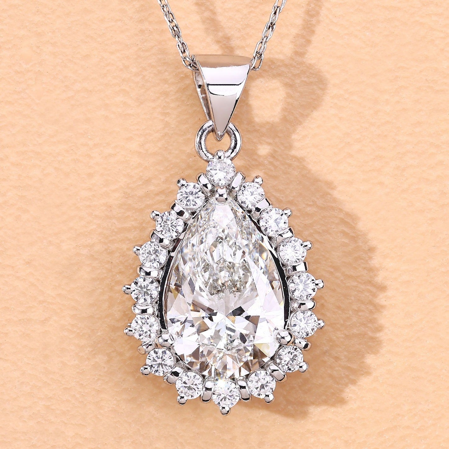 3.56 Ct Pear Lab Diamond Prong Platinum Halo Floral Teardrop Bridal Pendant