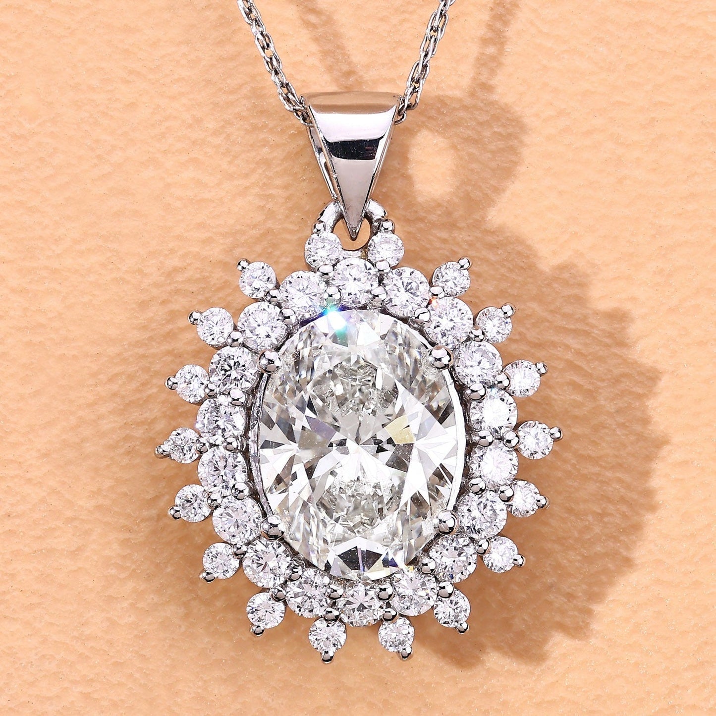 3.79 Ct Oval Lab Grown Diamond Prong Platinum Oval Floral Halo Bridal Pendant