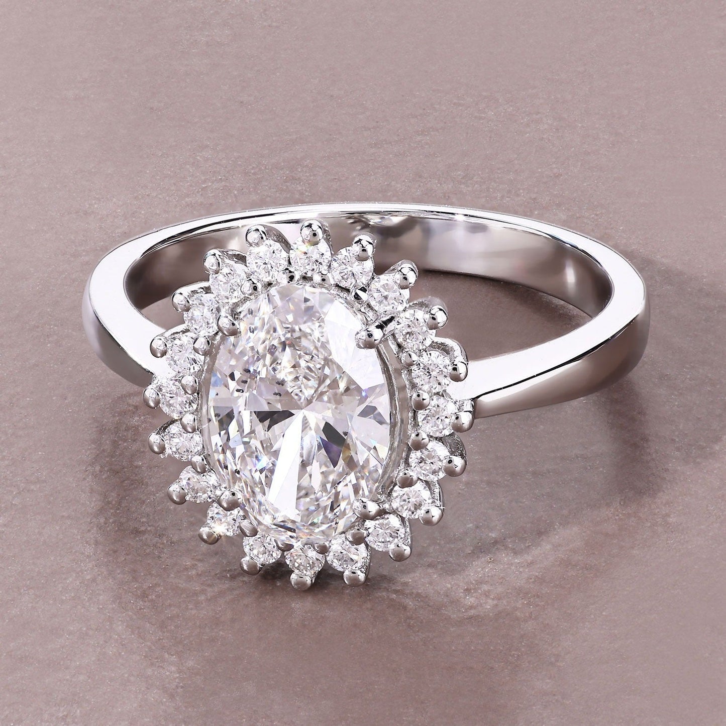 Oval Lab Diamond Prong Platinum Bridal Floral Halo Ring