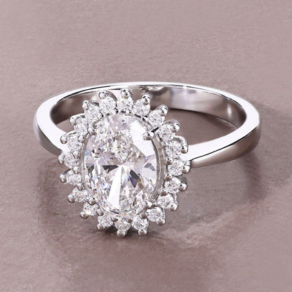 Oval Lab Diamond Prong Platinum Bridal Floral Halo Ring