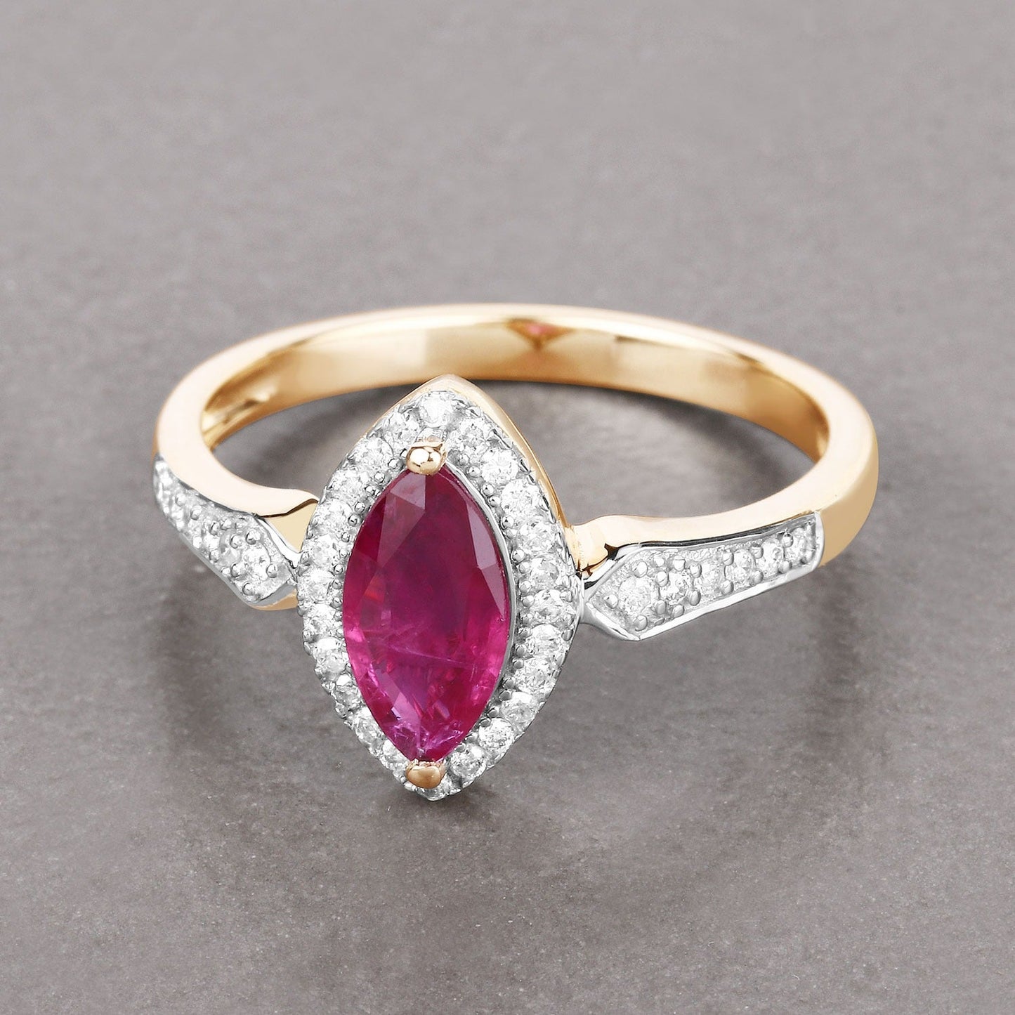 0.79 Ct Marquise Pink Ruby & White Diamond Prong 14K Yellow Gold Halo Ring