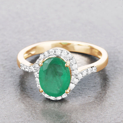 1.68 Ct Round Green Emerald & Diamond Prong 14k Gold Halo Pave Bypass Ring