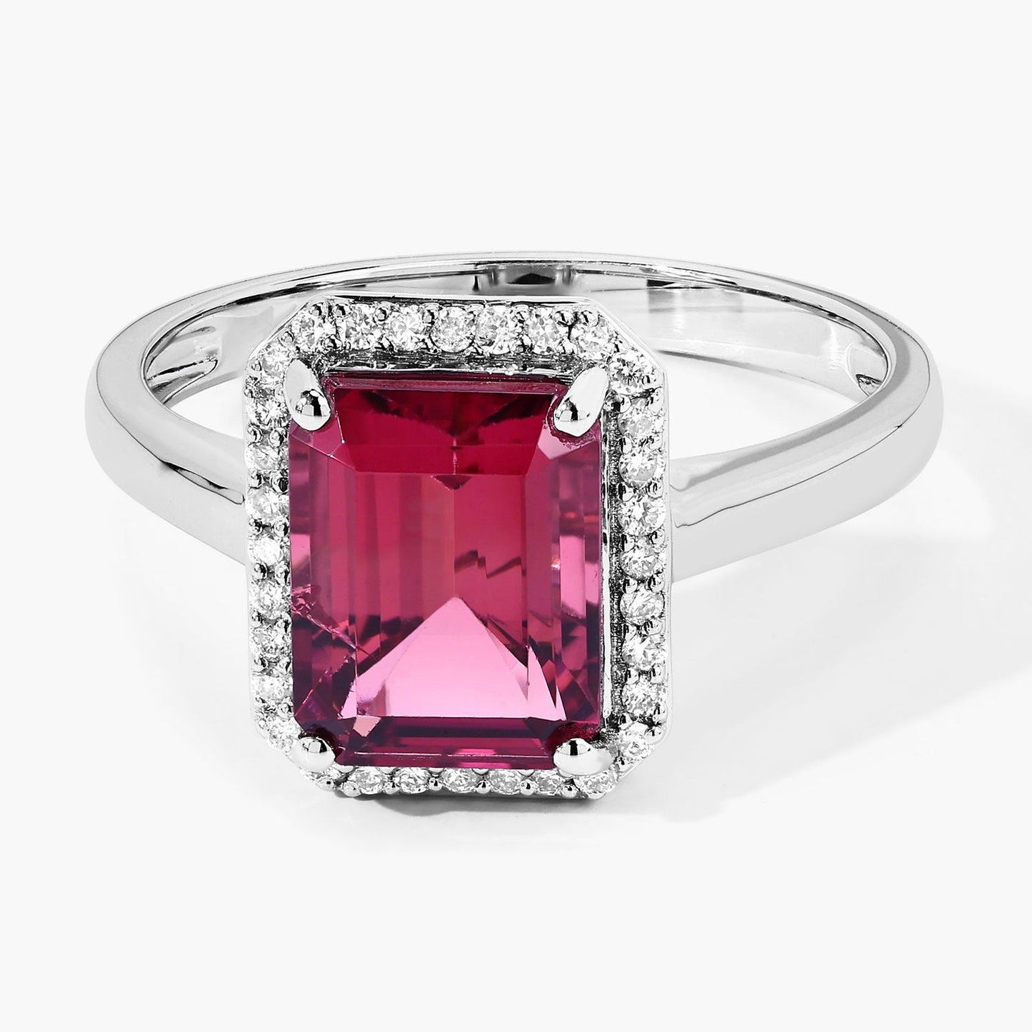 2.60 Ct Octagon Red Genuine Rubellite Diamond Prong 14K Gold Halo Ring