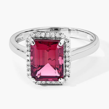 2.60 Ct Octagon Red Genuine Rubellite Diamond Prong 14K Gold Halo Ring