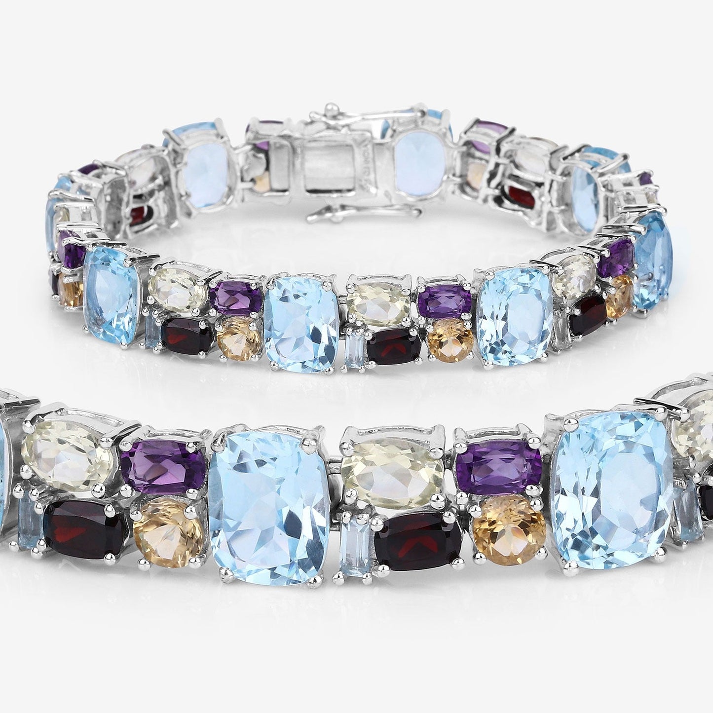 51.36 Cttw Multi-Color Gemstone Prong 925 Sterling Silver Link Bracelet