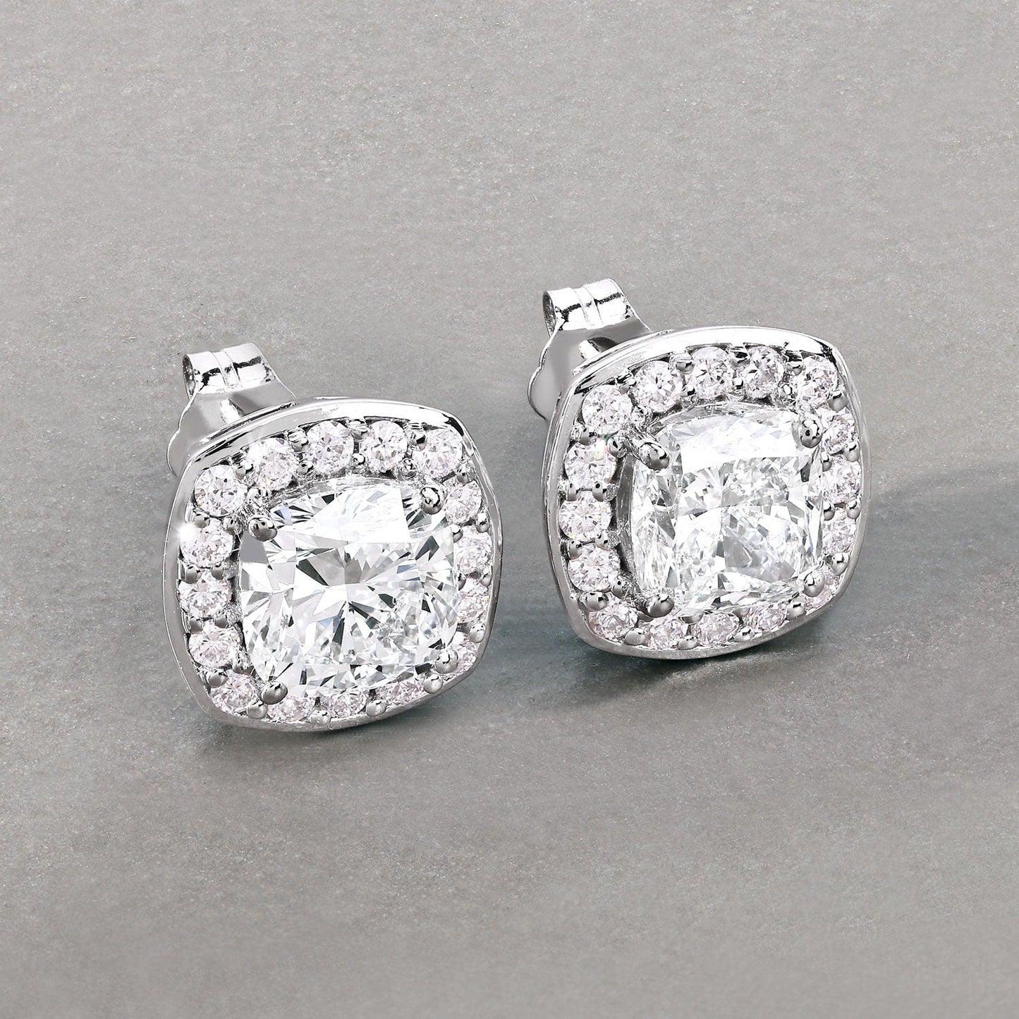 Cushion Lab Grown Diamond Prong Platinum Bridal Halo Stud Earrings
