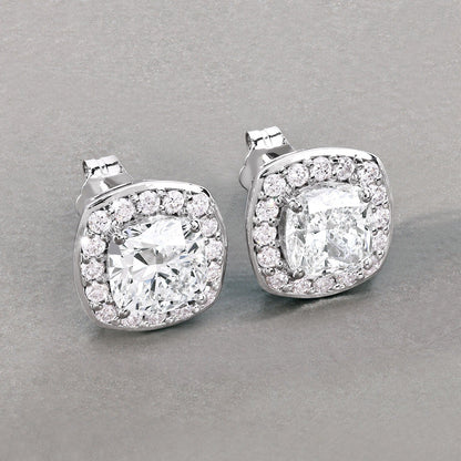 Cushion Lab Grown Diamond Prong Platinum Bridal Halo Stud Earrings