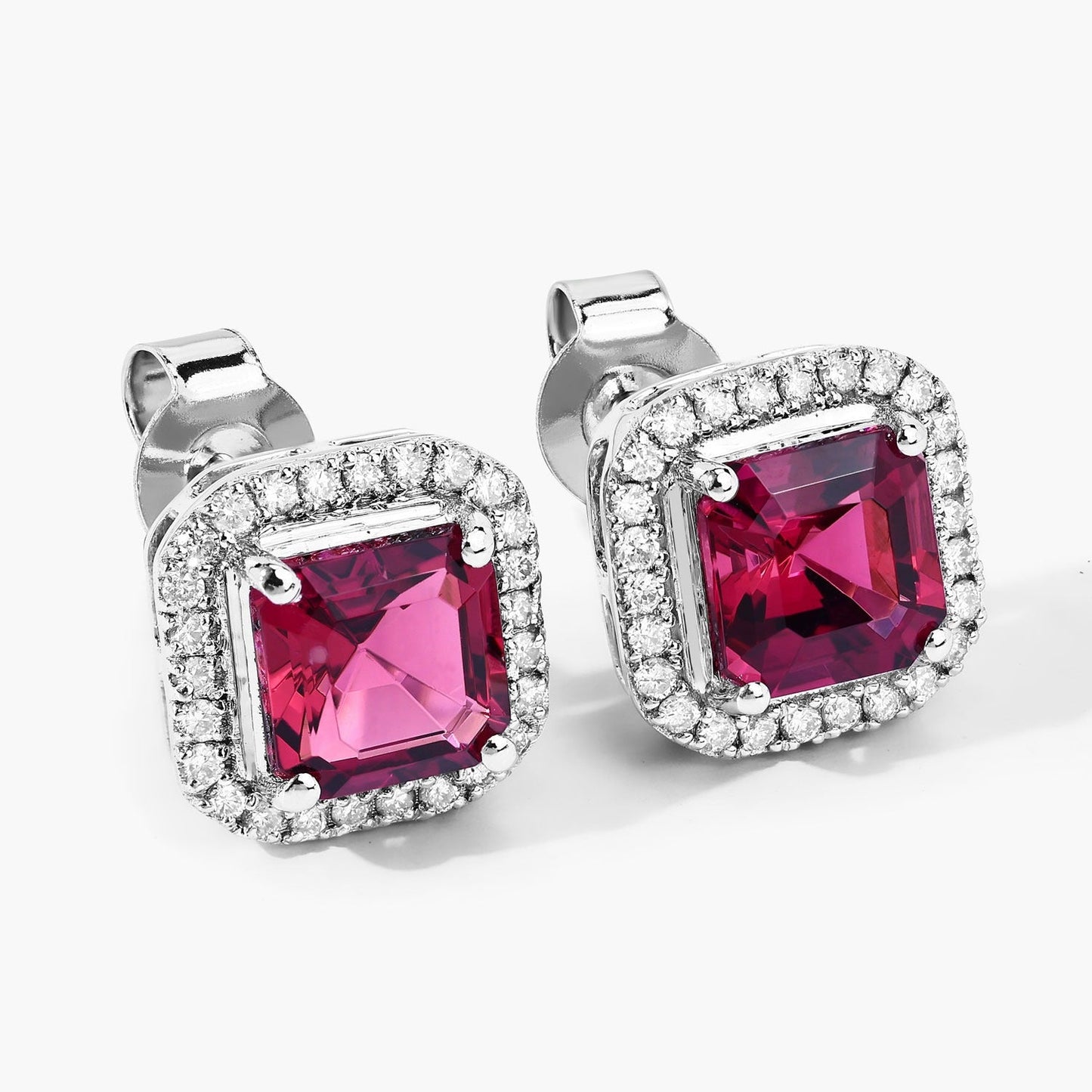 2.48 Ct Octagon Red Rubellite & Lab Diamond Prong 14K Gold Stud Earrings