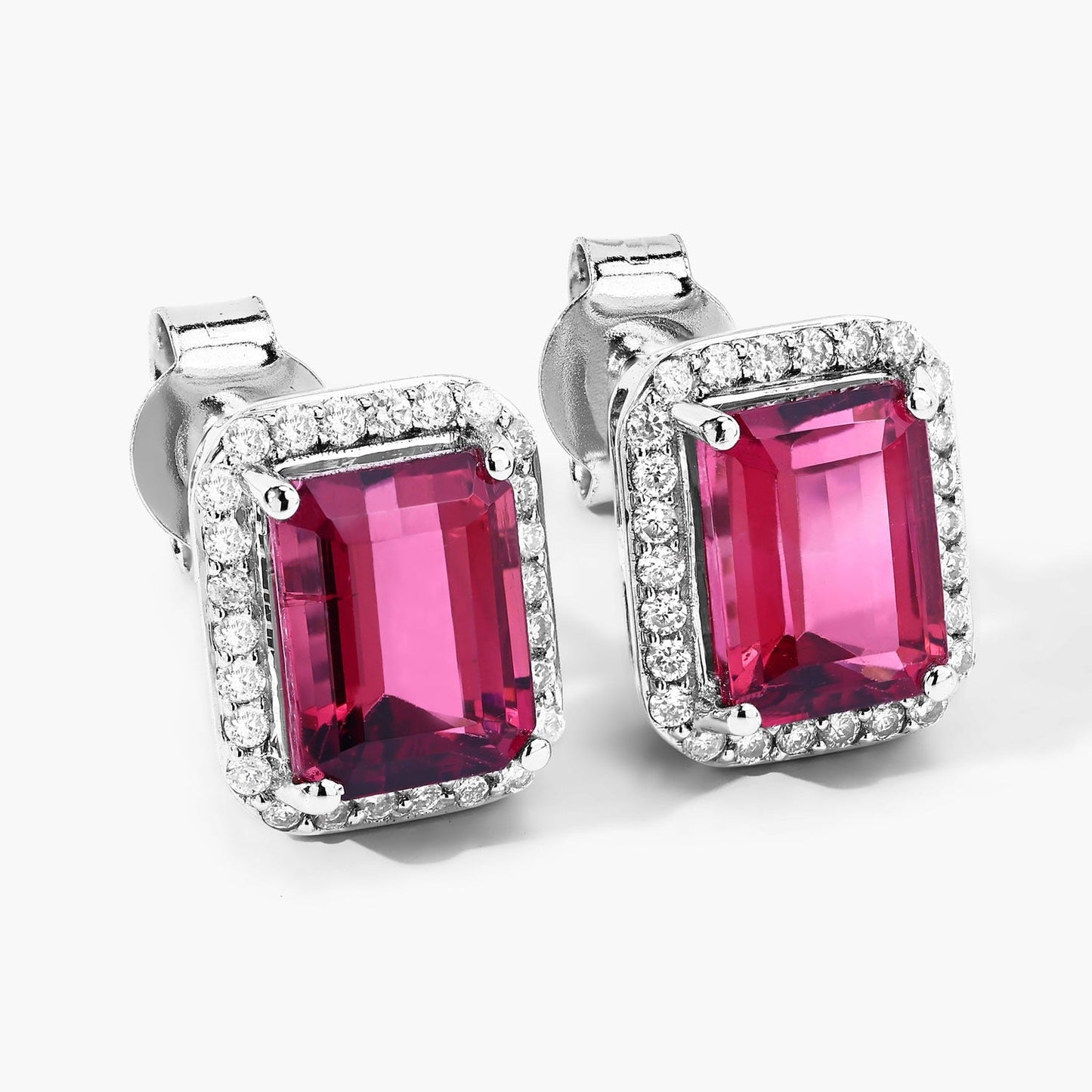 2.84 Ct Octagon Red Rubellite & Lab Diamond Prong 14K Gold Stud Earrings