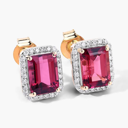 2.84 Ct Octagon Red Rubellite & Lab Diamond Prong 14K Gold Stud Earrings
