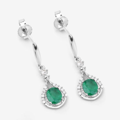 0.60 Ct Oval Green Zambian Emerald & Diamond Prong 14K White Gold Drop Dangle Earrings
