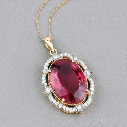 Genuine Rubellite and White Diamond 14K Yellow Gold Oval Pendant