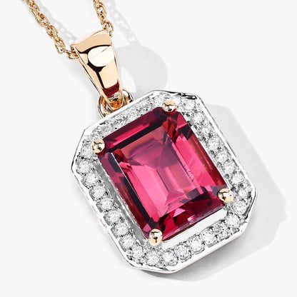 Red Genuine Rubellite and White Diamond 14K Yellow Gold Halo Pendant