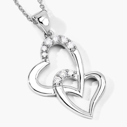 0.26 Cttw Round Lab Diamond Rhodium Plated Silver Intertwined Double Heart Pendant Necklace