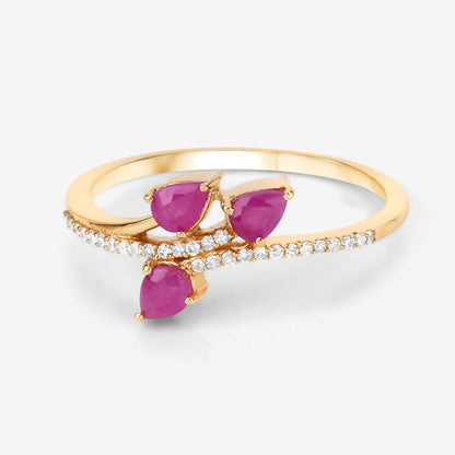 0.60 Ct Pear Pink Ruby & Diamond Prong 14K Yellow Gold Pave Bypass Three Stone Ring