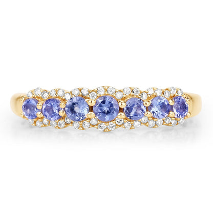 0.38 Ct Round Violet Tanzanite Diamond Prong 14K Yellow Gold Half Eternity Halo Band Ring