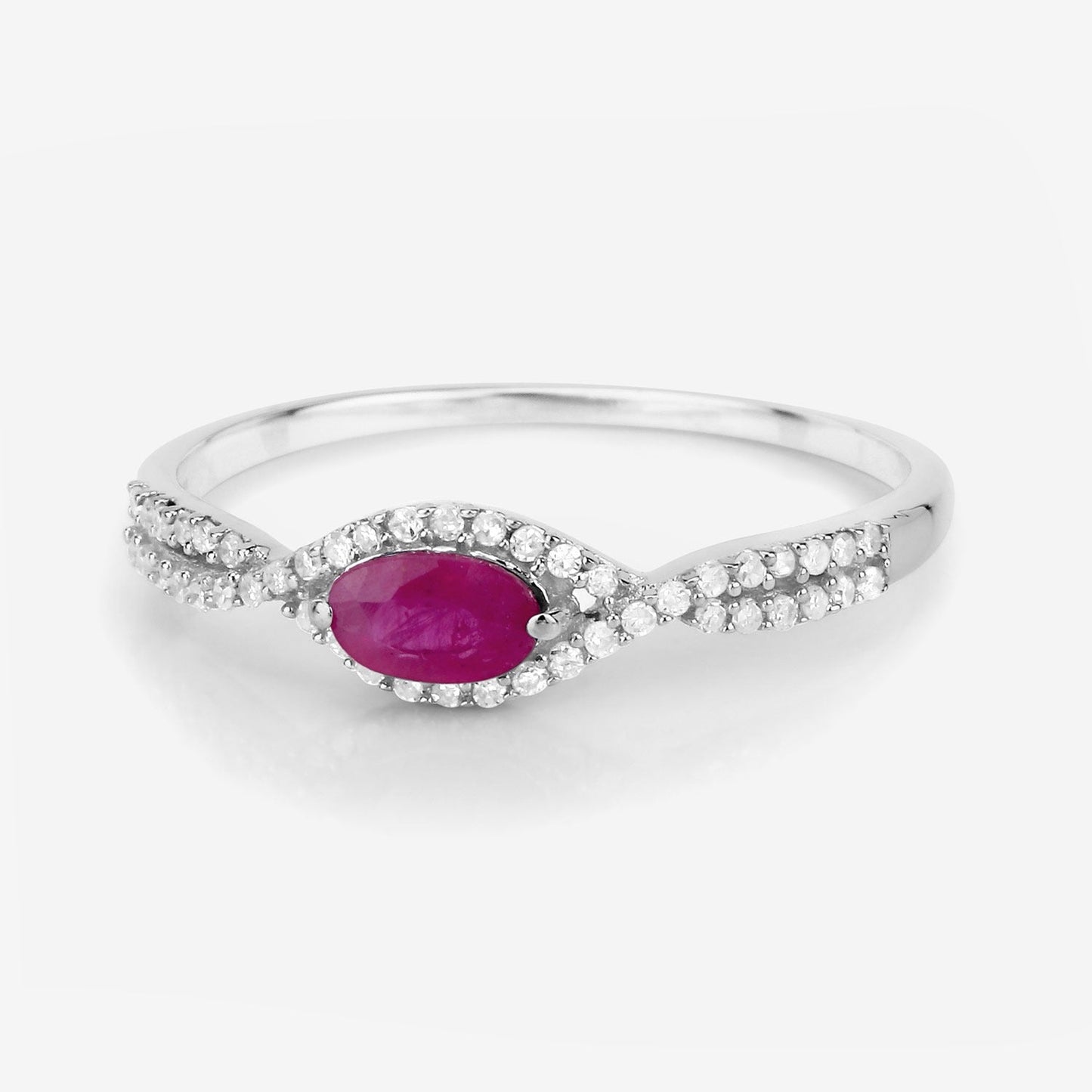 0.27 Ct Oval Pink Ruby & White Diamond Prong 14K White Gold Crossover Halo Ring