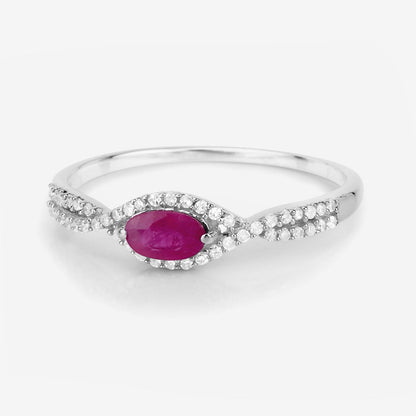 0.27 Ct Oval Pink Ruby & White Diamond Prong 14K White Gold Crossover Halo Ring