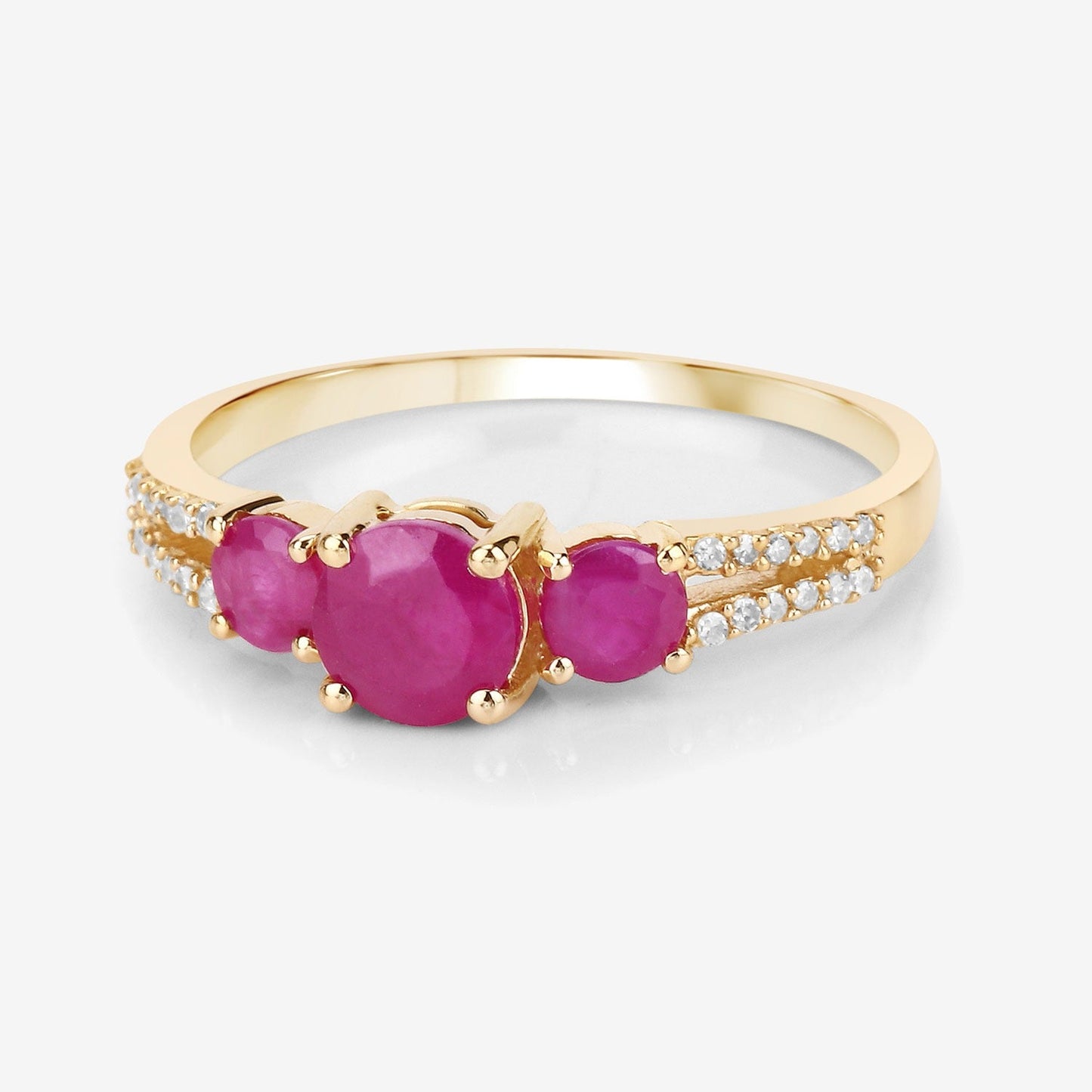 0.95 Ct Round Pink Ruby & Diamond Prong 14K Yellow Gold Pave Three Stone Split Shank Ring