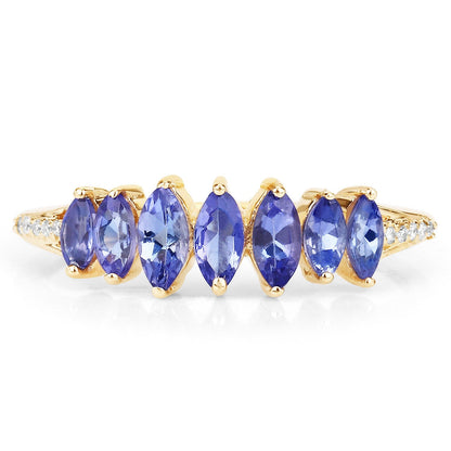0.74 Ct Marquise Violet Tanzanite Diamond Prong 14K Yellow Gold Pave Statement Ring