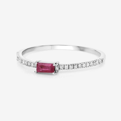 0.16 Ct Baguette Pink Ruby & Diamond Prong 14K White Gold Stackable Pave Ring