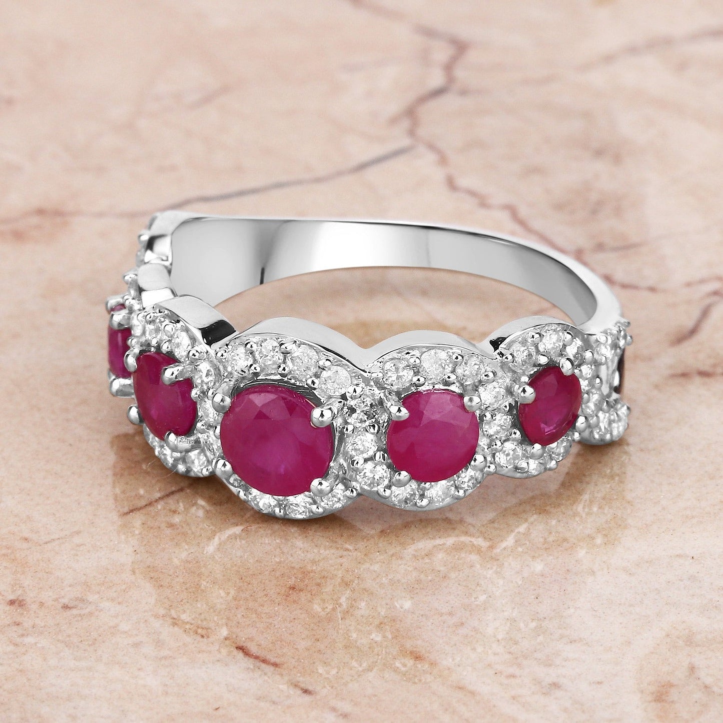 1.45 Ct Round Pink Ruby & Diamond Prong 14K White Gold Five Stone Halo Ring