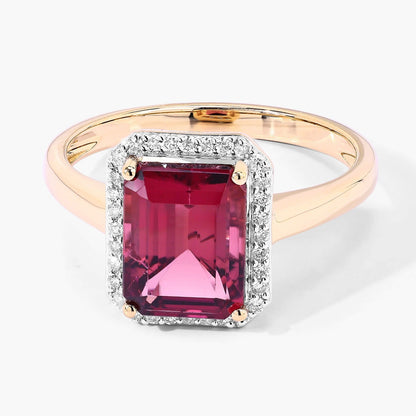 2.60 Ct Octagon Red Genuine Rubellite Diamond Prong 14K Gold Halo Ring
