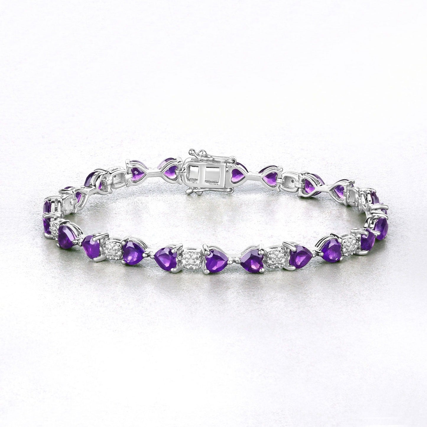 9.46 Ct Heart Purple Amethyst and Diamond Silver Tennis Bracelet