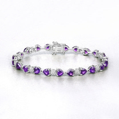 9.46 Ct Heart Purple Amethyst and Diamond Silver Tennis Bracelet