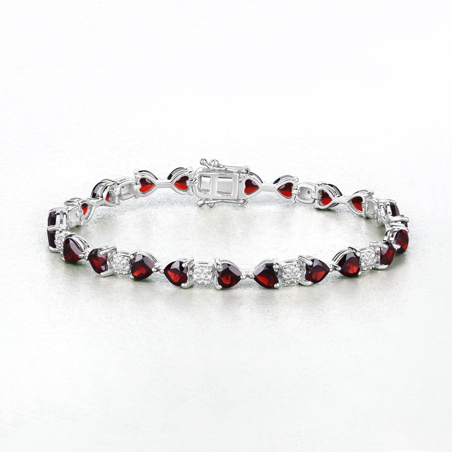 11 Ct Heart Red Garnet and Diamond Prong Silver Tennis Bracelet