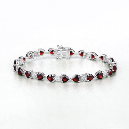 11 Ct Heart Red Garnet and Diamond Prong Silver Tennis Bracelet